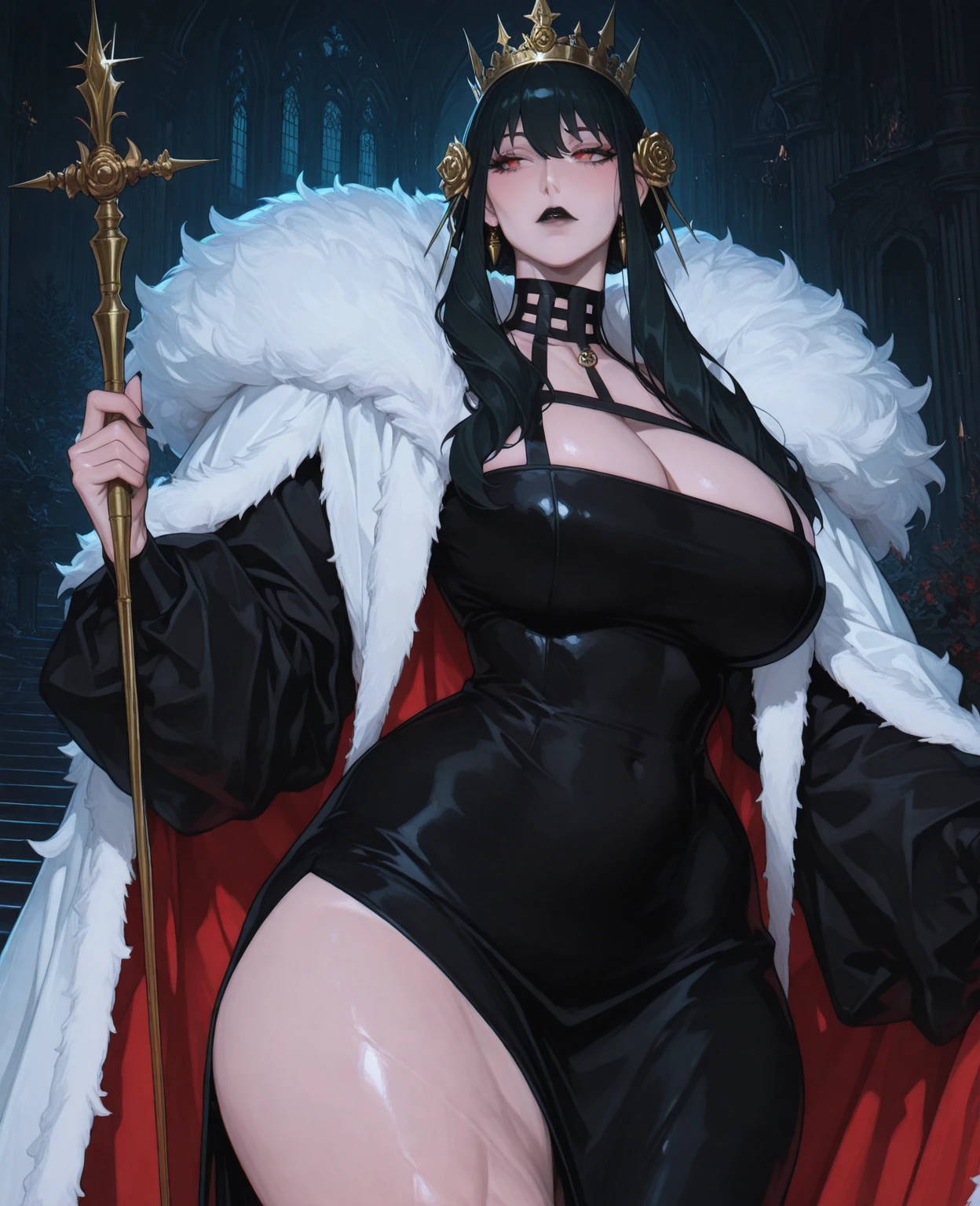 (Masterpiece, Best Quality:1.2), Alone, 1 girl, my kisaragi, Expressionless, Closed mouth, looking at the viewer, of collections, black fur, glasses, seductive, sexy, landscape greece, sexy red dress sexy, big breasts, huge tits, sexy dress, blushing, large eyes, gray eyes