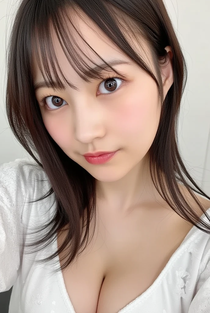 (Highest quality、8k、32K、masterpiece、Photorealistic:1.4、Hmph:1.2)、Cute Japanese Women Photos、tits:1.2、Straight hair、Upper body、Face Focus、Red bra、room、From above、Looking at the audience、Cleavage:1.3、Balanced body