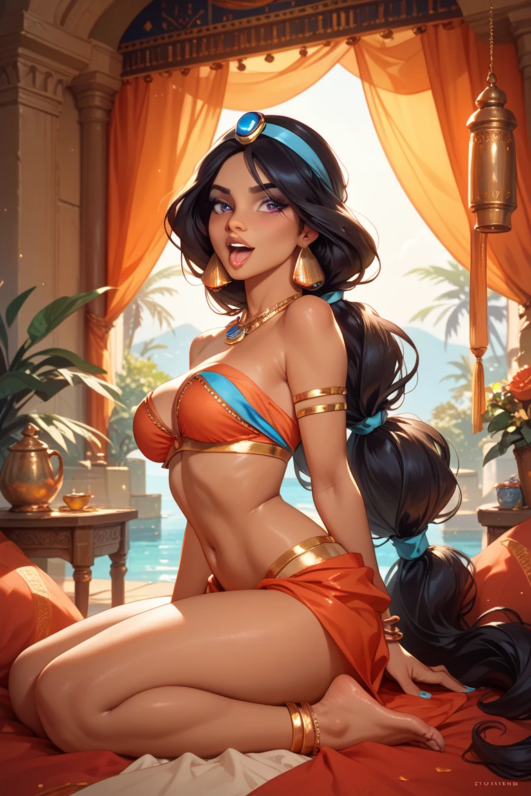 NSFW. Nude. Jasmine 1girl, solo, spread legs, looking at viewer, smile, bare shoulders, jewelry, sitting, full body, flower, earrings, makeup, bird, border, moon, full moon, Arabian, (realistic:1.2), (realism), (masterpiece:1.2), (best quality), (ultra detailed), (8k, 4k, intricate),(full-body-shot:1), (85mm), light particles, lighting, (highly detailed:1.2), (detailed face:1.2), (gradients), colorful, (detailed eyes:1.2), (detailed background), detailed landscape, (dynamic angle:1.2), (dynamic pose:1.2), (rule of third_composition:1.3), (Line of action:1.2) Hyacinth