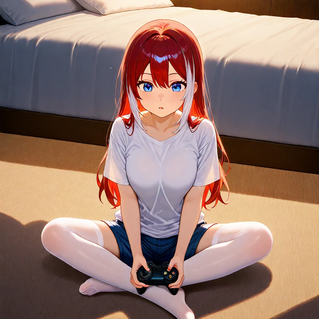 Uta , 1girl , anime , masterpiece , red and white hair, headphones , jaqueta aberta open clothes ,medium breasts ,bra, pantie , socks , shy face ,blush , sitting gamerchair, open legs, streaming
