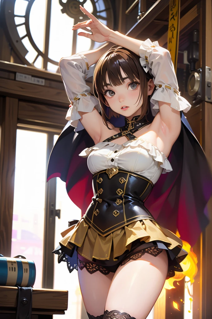 masterpiece, ultra high quality CG, best quality, perfect picture, solo, Duvalie (brown hair with braided buns, green eyes, bustier, cute, small breasts), embarrassed, blushing, sexy dress, shoulders showing, short skirt, looking at the viewer, in a hotel room, squatting, high heels boots, arms up, armpits, Medium Shot Camera Angle