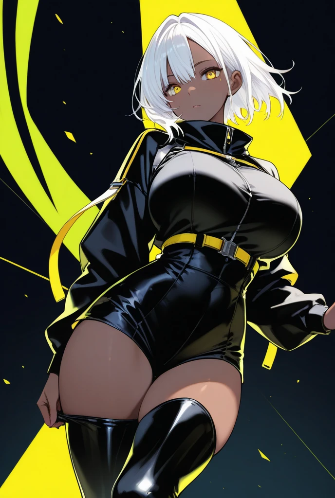 Young black girl, black skin, white colored hair, Bob hairstyle, Orange Eyes, Green rich top, Sleeveless, pantyhouse, crown, Shorts, open breasts, anger, Masterpiece, hiquality