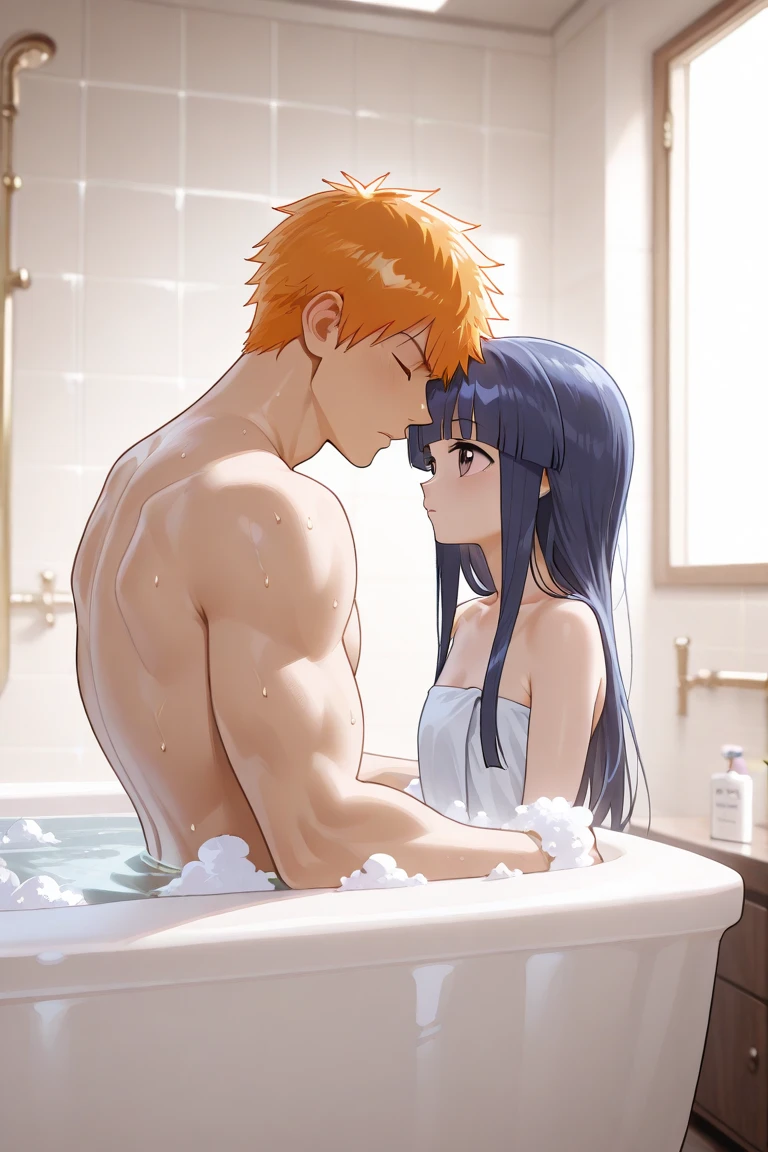 black hair, short hair, brown eyes, hair between eyes, ash ketchum, shirtless misty pokémon, orange hair, green eyes, side ponytail, masterpiece photograph of beautiful 18 year old couple naked, having sex, vaginal penetration, taking a shower, wet bodies, they're behind of a glass door