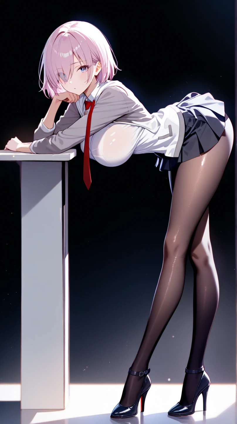 1girl, pantyhose, skirt, high_heels, solo, shirt, white_shirt, looking_at_viewer, black_footwear, pencil_skirt, ass, chair, black_skirt, indoors, long_sleeves, necktie, eyewear_on_head, smile, long_hair, sunglasses, office_lady, breasts, brown_pantyhose, closed_mouth, bent_over, bangs, collared_shirt, pink_eyes, red_necktie, full_body, ponytail, black_pantyhose, miniskirt, white background, simple background, sidelocks, hair_intakes, leaning_forward, from behind, ass, arm on own ass, spreading own ass