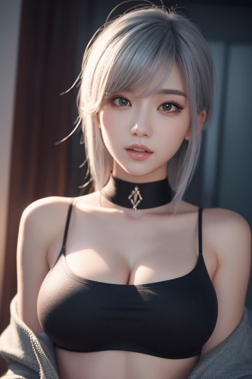 highest quality、8k Masterpiece、超A high resolution、(Photorealistic:1.3)、RAW Photos、1 girl、Silvery white hair、Glowing Skin、1. Super-beautiful Cyberpunk Soldiers、((Ultra-Realistic Details))、Portrait、Global Illumination、Shadow、Octane Rendering、8k、Super sharp、Beautiful breasts、Metal、Cold colors、、Very intricate details、Realistic Light、CGSoation Trend、Beautiful Eyes、Shining Eyes、To the camera、Neon Details、20age、short hair