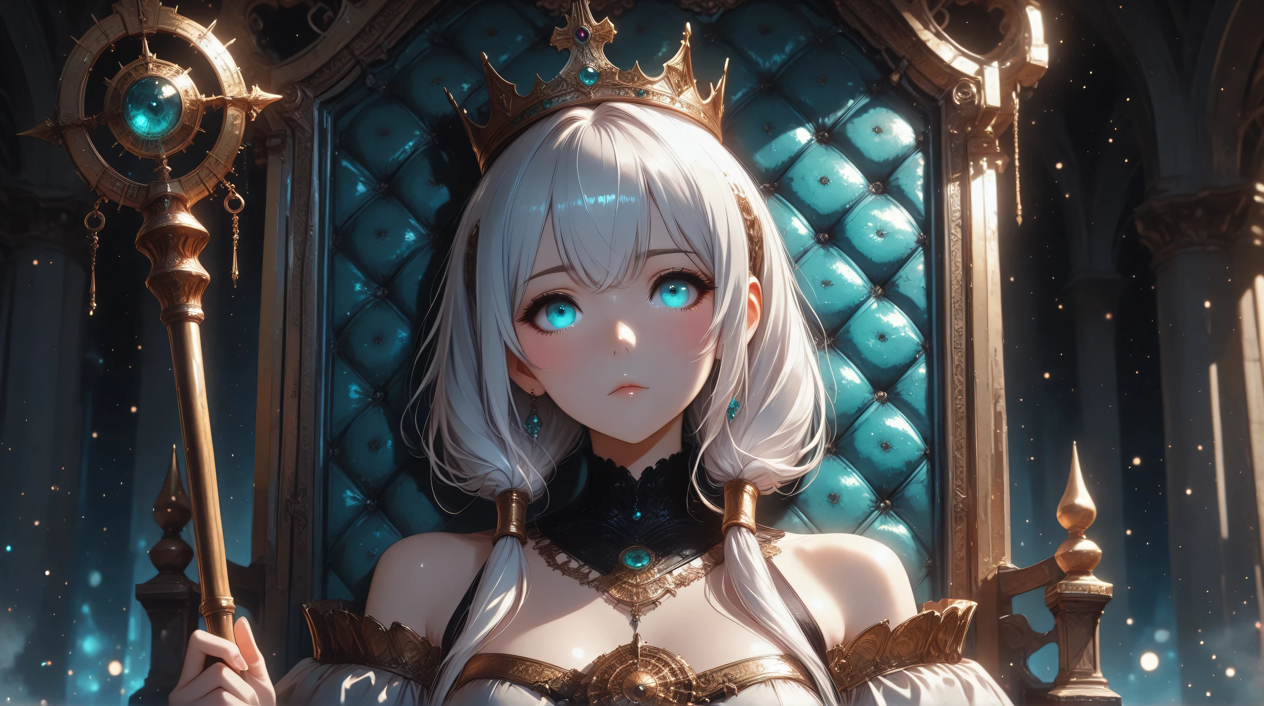 anatomically correct, beautiful face, perfect face, Beautiful and highly detailed face and eyes, Attractive Face , detailed face, delicate facial features, with bare shoulders, Tops, helmet, wearing a detailed Emperor dress, crown on the head, hands holding a scepter seated on a throne, 4k, 8K, HDR-10, rendered in physics,description in extreme detail, shy face, dramatic lighting, cinematic atmosphere, turquoise eyes, white-haired, alvina, combed with two pigtails