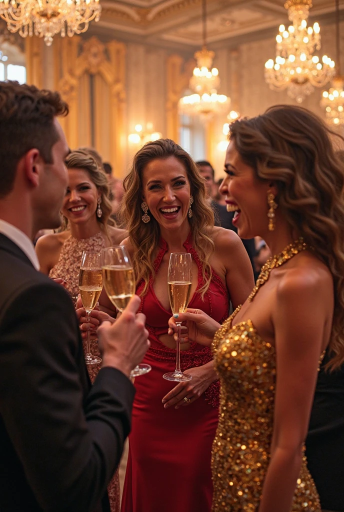 A lively photorealistic scene of a charity party, imbued with sincere emotions and humanity. Elegant high society ladies in luxurious evening gowns of various bright colors, their faces lit up with broad smiles and shining eyes expressing joy and enthusiasm. Their gallant cavaliers - wealthy men in tuxedos and tails - are warmly and attentively chatting with their beautiful companions, their faces also glowing with life and enthusiasm. A few anthropomorphic cyborgs glimpse among the guests, but they fit so naturally into the crowd that it is almost impossible to distinguish them from ordinary people - their faces and manners are also imbued with a lively human feeling.
The general atmosphere is solemn, yet filled with warmth, openness and a sincere desire to help those in need. Bright colors, upbeat music and soft lighting create the feeling of a festive, but at the same time very human social event. Each of the guests, whether human or cyborg, enthusiastically participates in the noble purpose of the evening. best quality, high quality, absurdres, masterpiece, beautiful, intricate details, 1/2 body crop, slim body, beautiful figure, magnificent anatomy, (intricate details:1.12), HDR, (intricate details, hyper-detailing:1.15), (natural skin textures, hyper realisitc, soft light, Sharp:1.2)
