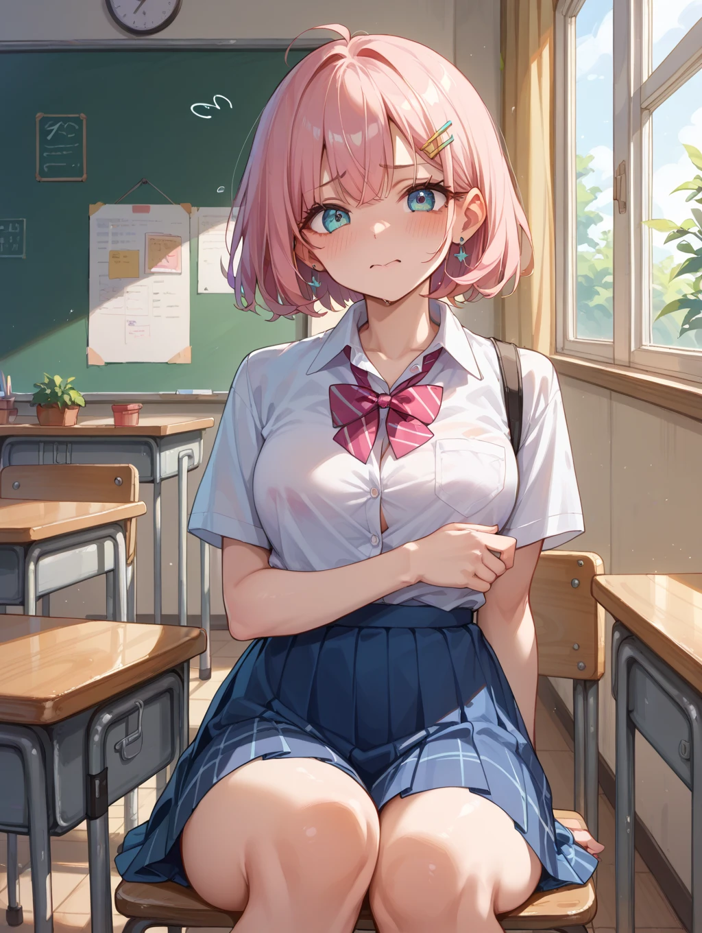 Buns under both ears、Pink Hair、Pink Hair、Pull up your skirt、high school girl、Japanese 、classroom、Pull up your skirt、Showing panties、黒いShowing panties、Blushing、Pink Hair