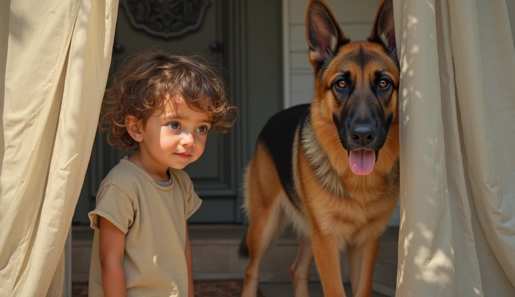 Photograph of a family, a girl dressed in a black V-neck blouse and dark jeans pants, long light brown hair, brown eyes, cute big circular reflective eyes, On his right side is a 2-year-old boy., with wavy brown hair, light brown skin, On the left side a 1 year old medium dog, Doberman German Shepherd mix with standing ears.