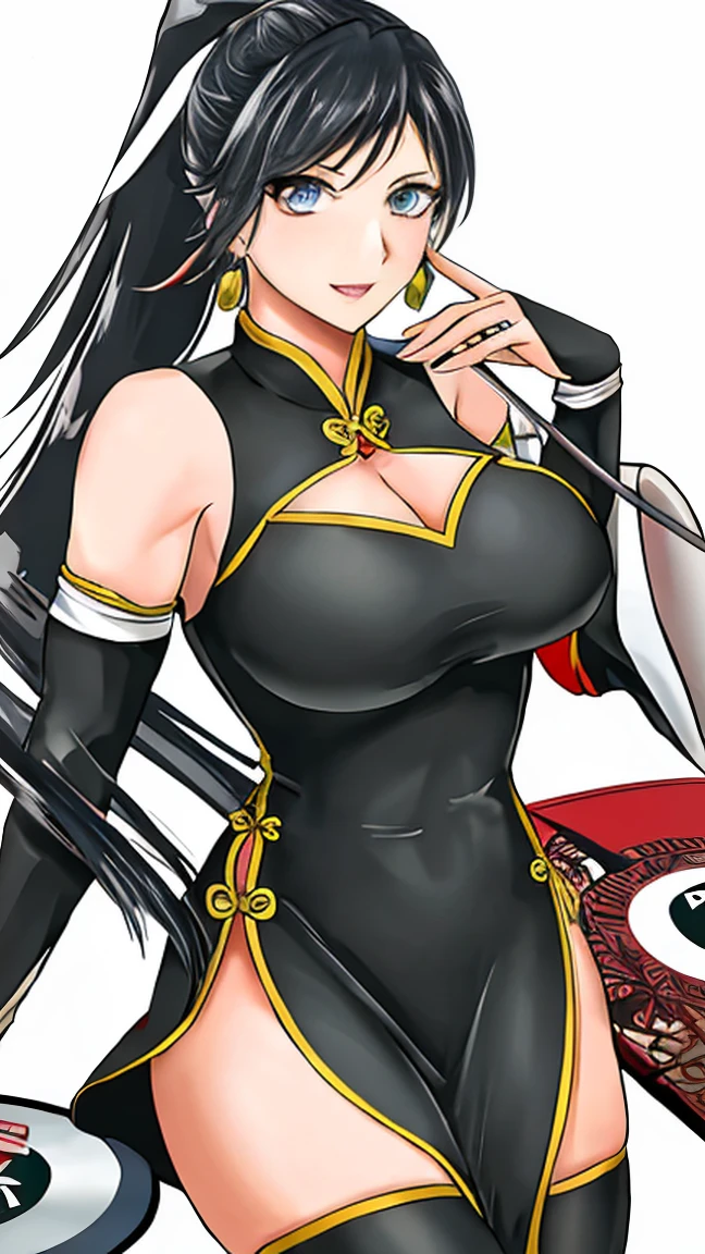 [a gorgeous, mature woman with a seductive smile and parted lips against a white background. She has sharp eyelashes, eyes browns, and long black hair with bangs. His figure is voluptuous, with a narrow waist, Broad Hips, and huge breasts. The image has a style inspired by Genshin impact, rendered in high detail and HDR quality as a stunning work of art.]