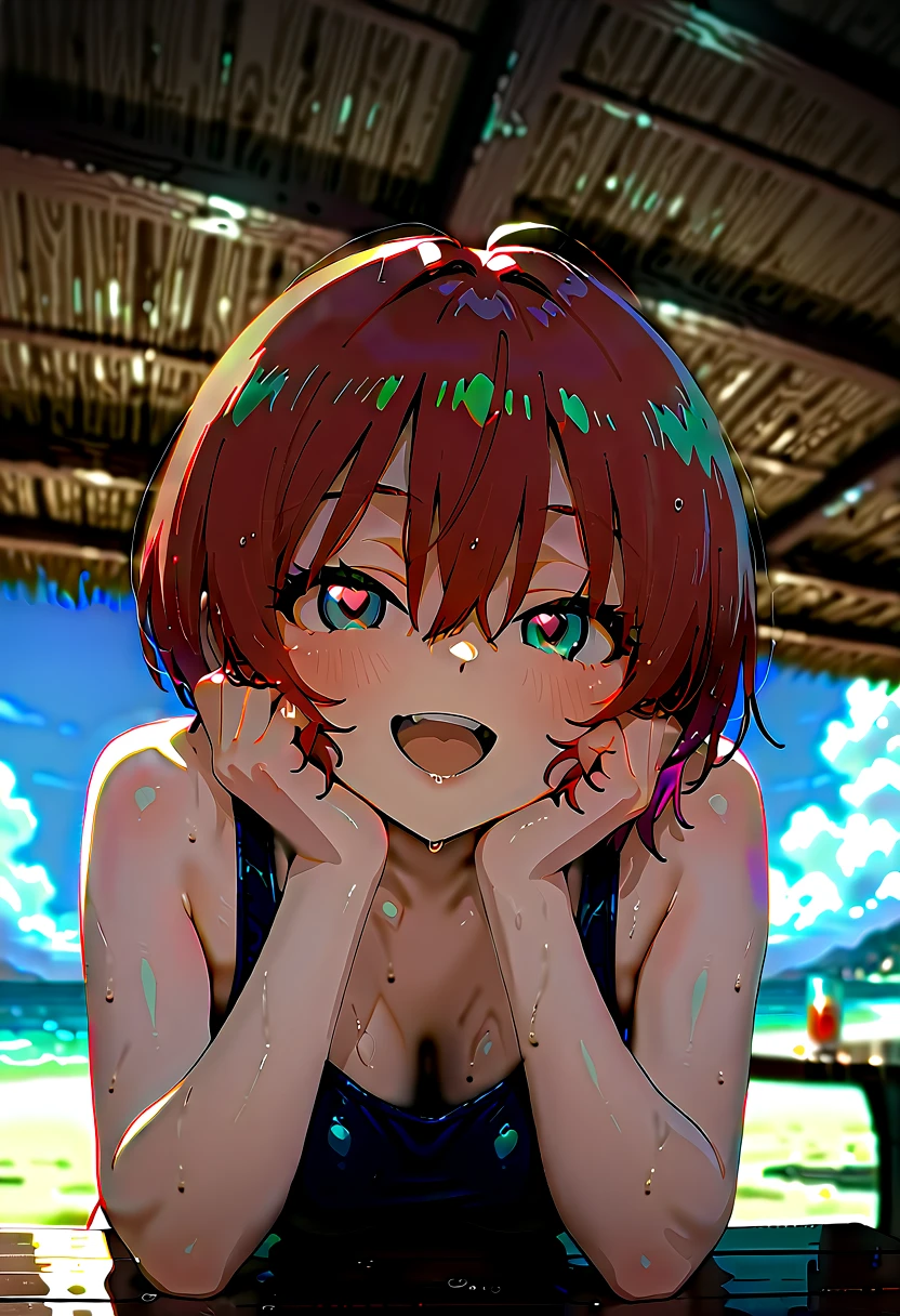 anime girl, best quality, super HD, bikini, on beach, tongue out, highest quality, beautiful face, clean, smooth, perfect face, perfect hands