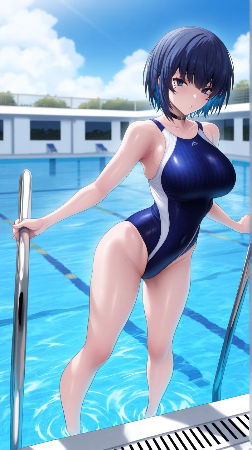 anime girl in a blue swimsuit leaning over a pool, smooth anime cg art, ilya kuvshinov. 4 k, wallpaper anime blue water, clean detailed anime art, 4 k manga wallpaper, [ 4 k digital art ]!!, is wearing a swimsuit, makoto shinkai and artgerm, anime moe artstyle, next to a pool