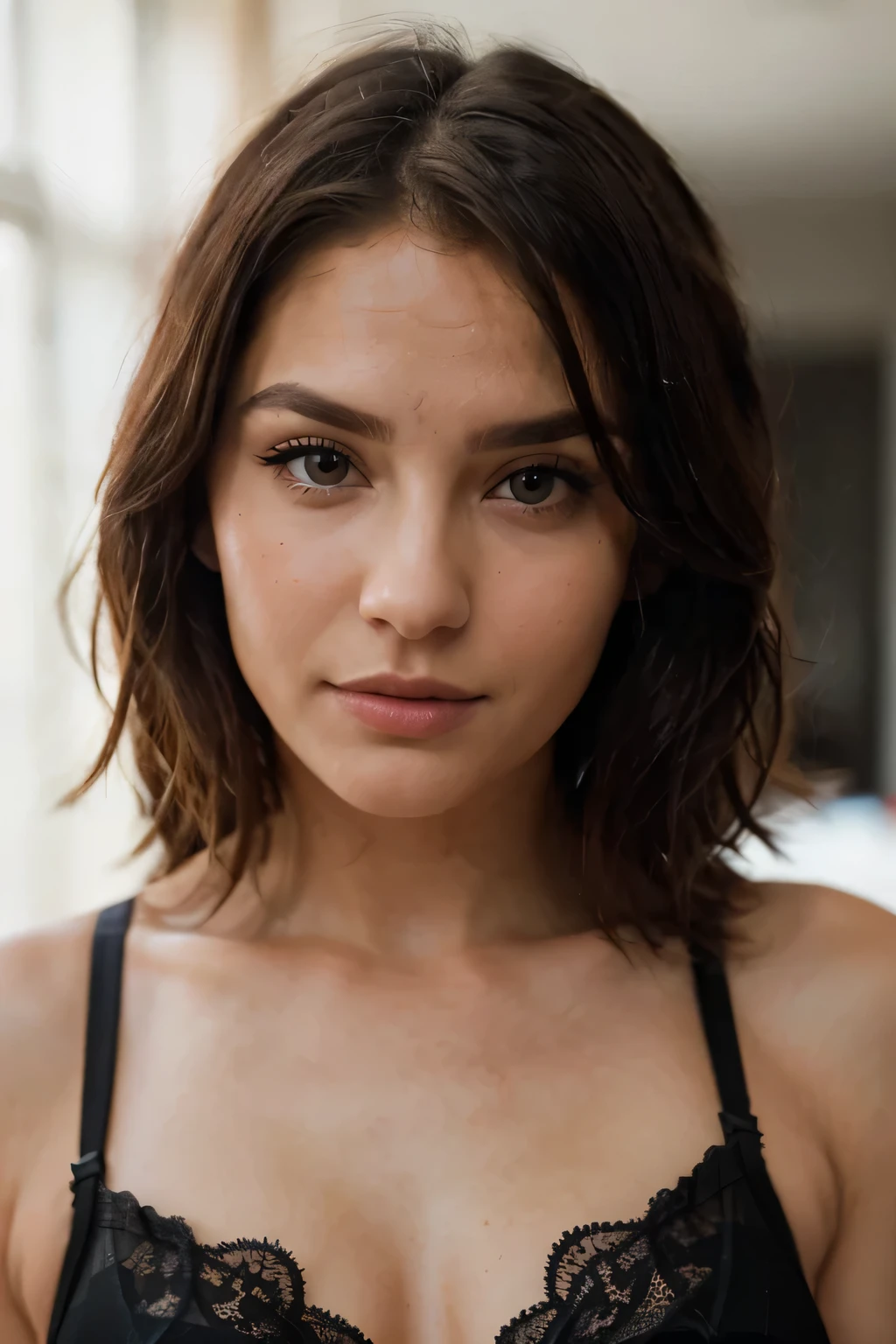 RAW UHD portrait photo of a 25-year-old brunette, perfect supermodel face, short wavy hair, bright blue eyes with a high level of detail, wearing bathrobe with cleavage, busty, SLR lighting, photo reflex mono-objectif, ultra quality, re sharpness, Filmkorn (Milieu), Fujifilm XT3, Limpide, Rahmenmitte, Detailed skin pores,