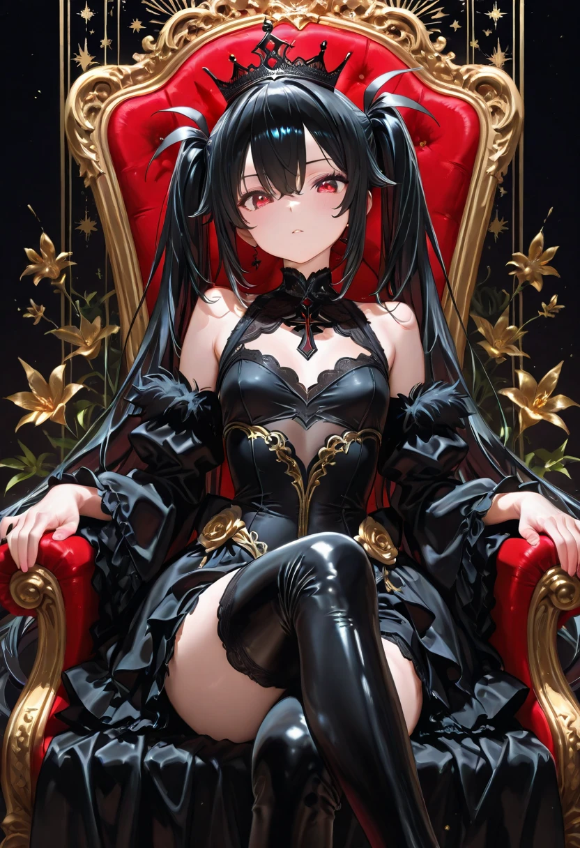 Loli girl child infant body , very long black hair frinje , angry face , seios planos , black bunnygirl bunnysuit long socks , sit armchair
Very open legs , mansion