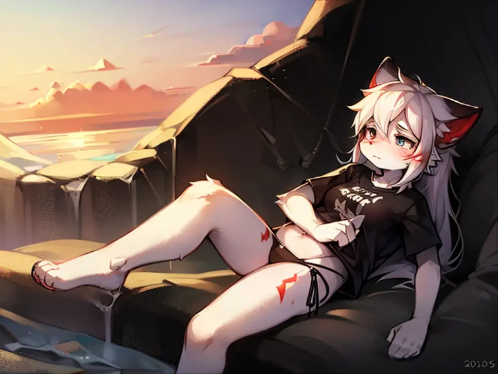 1girll, White hair, Fox ears, Fox tail, Little girl, Black stockings, Gray hoodie, Red hair, ((Red tassels)), miko, miko_Kana, ((beach)), Beach background，k hd，4K