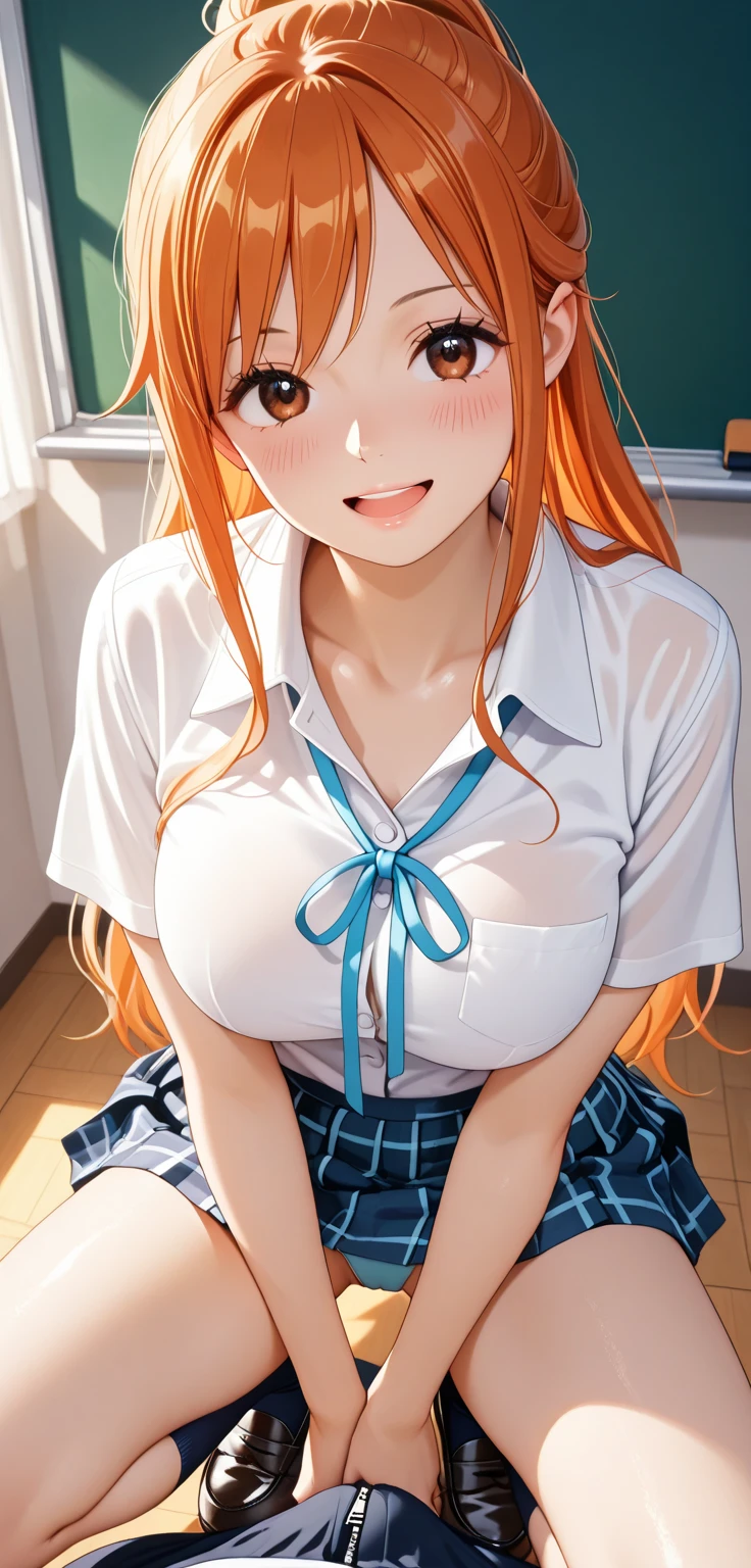Cinema Lighting、high quality、School classroom、Sit at a desk、Look up shyly、((See-through short-sleeved gym uniform))、((Large Breasts))、Staring at thick hair)、Pointed Mouth、Change of clothes、Tight white underwear、Healthy Thighs