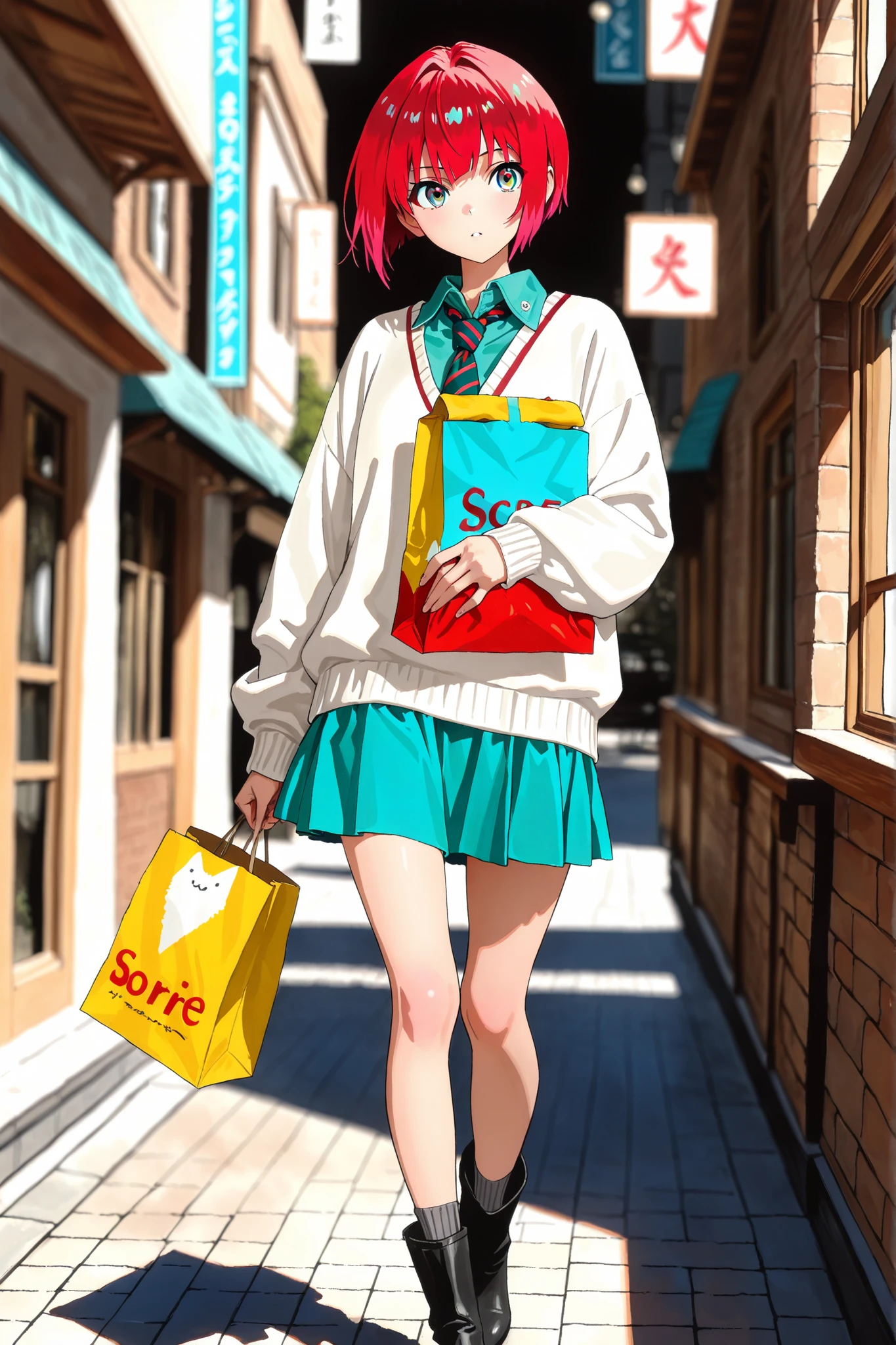 1girl, amate yuzuriha,short hair,red hair,multicolored hair,aqua eyes,multicolored eyes,aqua shirt,striped necktie,white sweater,aqua skirt,grey socks,black boots, depth of field, fake traditional media, Picturesque, Impressionism, masterpiece, high score, Great score , very high resolution highlights (masterpiece) 、 (Best Quality)) 、 (Super Detailed) , beautiful girl , Beautiful detailed face ,perfect 5 fingers , perfect human structure , Perfect Anatomy ,beautiful light effect,beautiful light effect,she is walking at night street,she is holding a big paper bag,background is night city