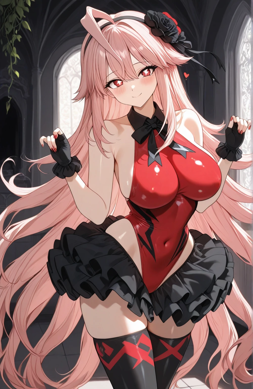 Anime illustration style,a beauty girl,demonic horns,Devil's wings on the back,（full bodyesbian）,（Draw to the toes）、Standing,（lowfers）,a smile,（blazers）,（校服）,hi-school girl、preppy style、short-cut、Navel Bow Style、A little bit of sagging eyes、High skin exposure、Pink hair、Green eyes、I can see the cleavage、The navel is visible