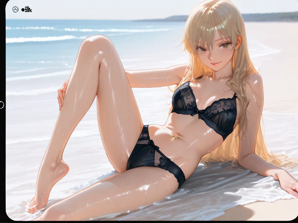 A Japanese Lady、28yr old、tanned skin、gals、highres photograph、the beach,large tits,blond hair、Black tanned skin