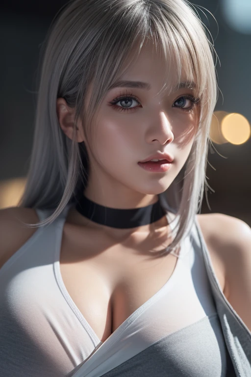 (a) white sports bra,white hair,white leggings,confident,babe,young,nier 2b, 2b, nier,vast blue sky,crown on head,red lips