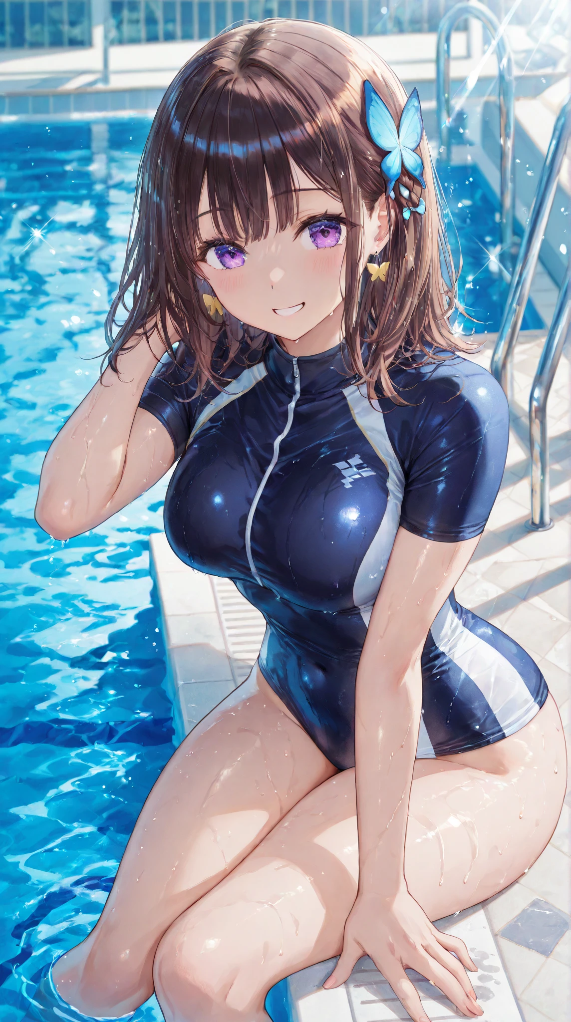 rating_explicit, anime coloring, (anime cels style, high resolution, photorealistic), nsfw, (super fine illustration:1.3), (best quality:1.2), (masterpiece:1.2), top-quality, delicate features, delicate skin, beautiful lighting, ((1girl)), perfect face, perfect eyes, detailed hair, outfit perfect, beautiful breasts, perfect body, perfect anatomy, perfect chest, perfect hips, perfect legs and feet, perfect hands, perfect fingers, ((large breasts:1.4)), (small nipple:1.1), beautiful thigh, beautiful legs, curvy body, Attractive body, Voluptuous body, Attractive legs, ultra detailed eyes, Erotic, Pupils, sexy pose, dynamic pose, dynamic background, (shiny skin:1.2), ultra detailed clothing, pretty, cute, ((oily skin:1.3)), (Super oily and shiny skin with fine texture:1.1), beautiful oil-covered thighs, blush, (light smile:1.4), open mouth, (orgasm), afterglow, (small labia majora:1.2), (small beautiful areola:1.3), (beautiful nipples:1.2), (perfect proportions), (sweat-soaked body), (((dark blue color Competitive swimsuit:1.4))), (((beautiful dark blue and white two-tone one-piece Competitive swimsuit:1.4))), body is wet, shiny swimsuit, shiny clothes, shiny body, BREAK, ((clothed)), ((invisible breasts)), ((covered breasts:1.5)), BREAK, ((outdoors school pool)), blue sky, beautiful light blue water surface, sensual look, 1 cute girl, (close to viewer), cowboy shot, intricate, (breast squeeze), breast grab, (sitting on boy), (girl on top), (1boy), penis, hetero, sweat, penis, pussy, solo focus, spread legs, legs up, cum, sex, vaginal, (swimusuit aside), cum in pussy, straddling, cowgirl position, motion lines, motion blur, ((facing the front, straight-on:1.5)), cameltoe, navel focus, blowing in the wind, flutter, kyoto style, point of view shot, front view, more detail XL, absurdres, ((arihara)), ((motion sex), anime, fine anime screencap, official art, official style, megami magazine,