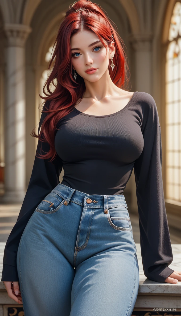 a woman in jeans and a red t-shirt with jeans jacket posing for a picture, beautiful face, red lips, red hair, perfect body shape , beautiful alluring anime woman, extremely detailed artgerm, as seen on artgerm, style artgerm, cleavage, revealing clothes, artgerm comic, artgerm. anime illustration, like artgerm, detailed digital anime art, full body (NSFW breasts), hdri, extremely naked, nude, nua, pelada, nsfw, gigantic breast 1.9