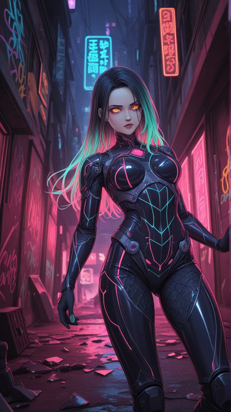 dxhr style <lora:dxhr_v2:1>, A mesmerizing female cyberpunk street artist, creating a vivid and detailed holographic mural in a neon-lit urban alleyway, ([Diane Lane|Scarlett Johansson|Kate Upton]:0.8), closeup, Amazing fine detail, glowing eyes, [(colorful explosion psychedelic paint colors:1.21)::0.15], detailed background, green eyes, detailed clothes, skinny, shiny glossy skin, double bun, bangs, frills, skirt, rich colors, lifelike texture, dramatic lighting, well lit, trending on ArtStation