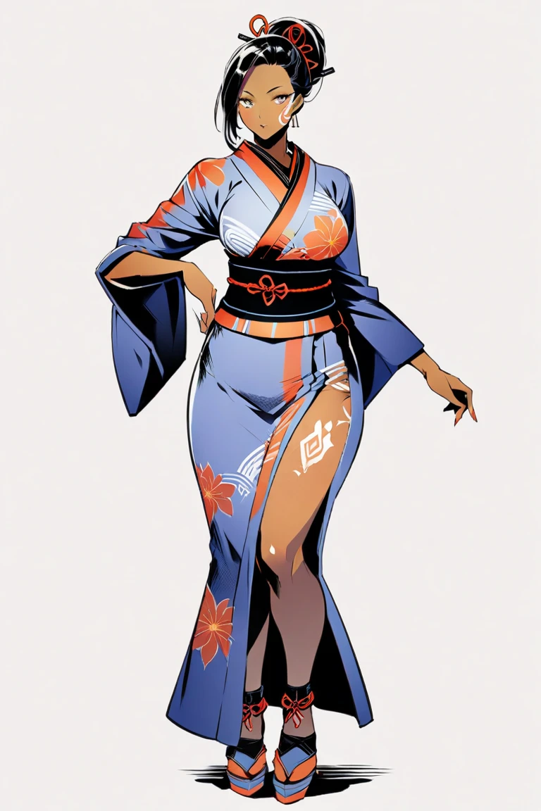 Color manga drawing, from front, full body, PriBlle, smiling, dark skin, curvy, kimono, matsuri, highly detailed, sketchbook page, Copic markers, heavy inks, smiling, cute, sexy <lora:PriBlle:0.9>