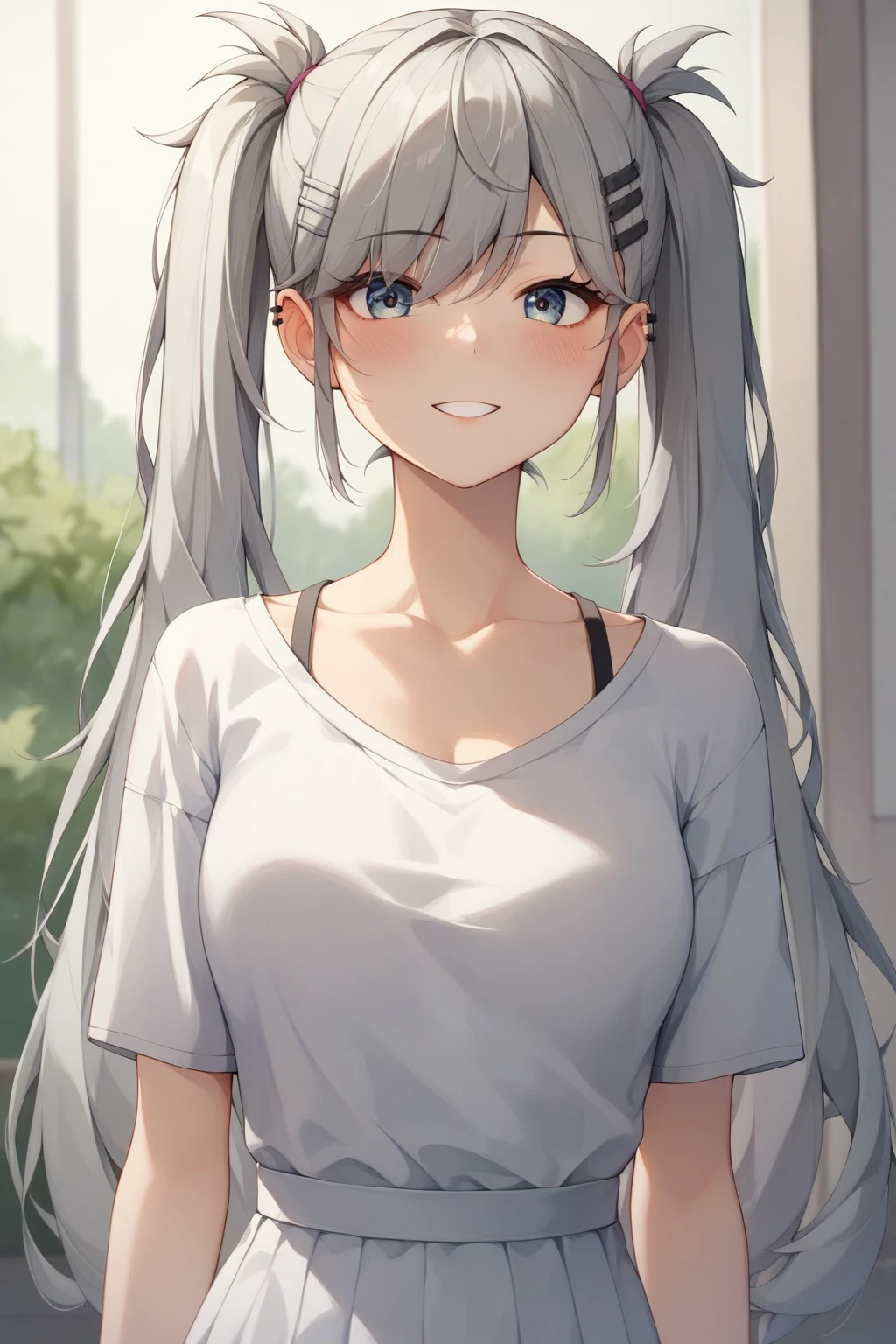 Pretty asian woman, bright silver hair, long hair, green eyes, busty, sweat pants and a white t shirt, cute, anime style, crawling away from the camera, facing away, happy and excited