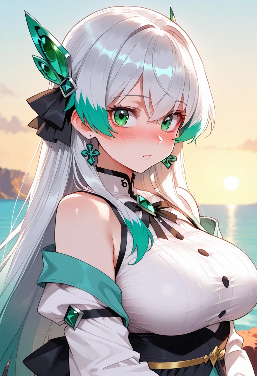 high quality, masterpiece, super detailed, 1 girl, extremely detailed faces, White latex bunny girl,White fishnet stockings,handcuffs,collar,Calm expression,bright red lips,Smile,Cucumber stuffed in the mouth,handcuffs,collar,long white hair, charming pink eyes, fox ears, Ridiculously big, shiny skin, Kneeling on the ground,slate,plant,Grass
