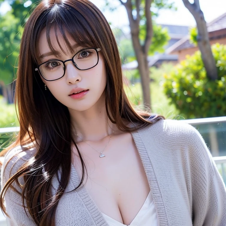 library員が本を片手に持ってます、((masterpiece、Highest image quality、8K))、library、whole body、Japanese、bob hair、Glasses、big breasts(1.6)、constricted waist、Small Eye Hip、long thin legs、(red cardigan、A blouse with a large open chest on bare skin、tartan check miniskirt、brown loafers)