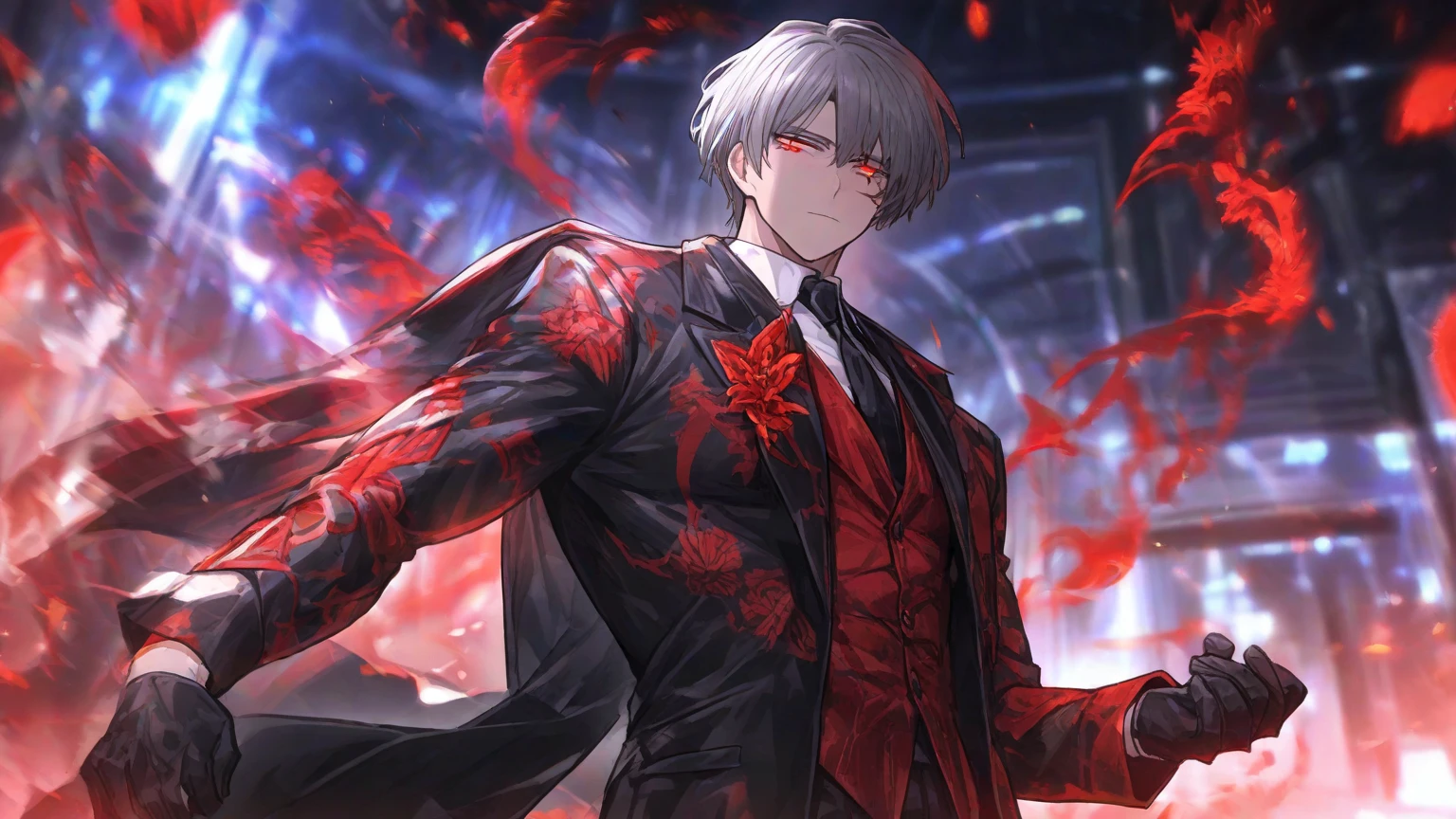 absurdres, highres, ultra detailed, HDR, masterpiece, Dante, white hair, expressive blue eyes, Devil May Cry, 1man, handsome, red coat, showing the chest, garden, red petals, red flowers, red butterflies, moon
