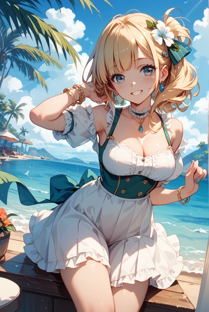 1girl, adult woman, (Naked: 1.4), (Blushing:1.4), (Loose strapless dress without pleats, flowing, lifting skirt with hands, floral print, ), blushed, Smile, Cowboy Shot, Slim body, Small breast, small boobs, Full Body, glowing skin, detailed face, detailed eyes, Detailed background: Beach and palmtrees, summer