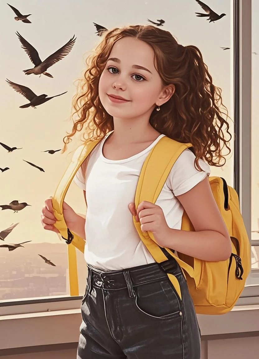 desenho de menina de 12 anos, com cabelos loiros longos, com coquinho, com roupas de esportes, na bicicleta, com retrovisor e cesto com tres cachorrinhos pretos