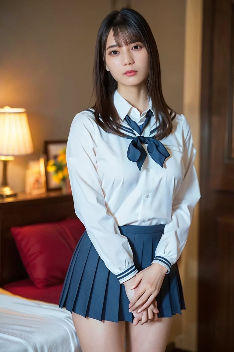 (masterpiece:1.2), Japanese, (13 years old), (a girl), room, (pretty school uniform), thighs, on a bed, tits,