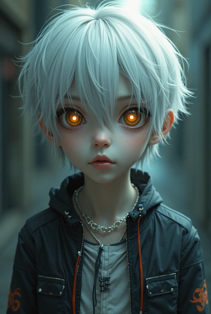 boy, with medium white hair, yellow eyes