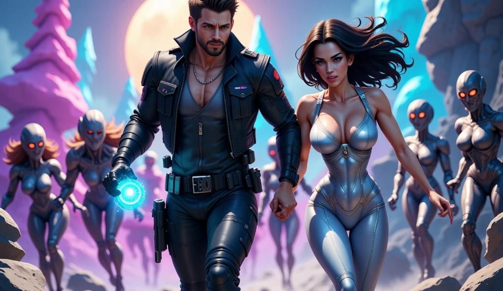 prince of darkness hold hand and running with a beautiful sultry female, that's glowing in the darkness, running through the futuristic battlefield, neon colors, high detail, long shot, wide shot, 4K, 3D, REALISTIC, (iridescent glow smoke), UHD, 32K, very bold neon colors, black light, neon light