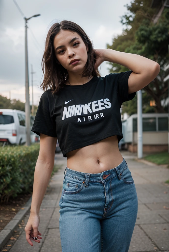 beautiful blonde girl, (mini:1.1) white top with black (text: "FINAL"), navel, pants, soft light, simple background, (full length photo:0.2), (closeup:0.5)
