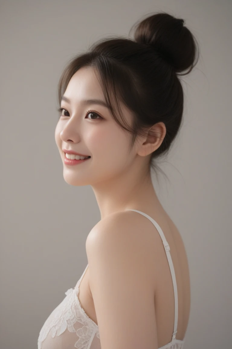 Plump woman in her 30s、One bun hair, Face without makeup, silky white skin, on the beds、Wearing a white camisole、Studio Lighting、Gentle smile