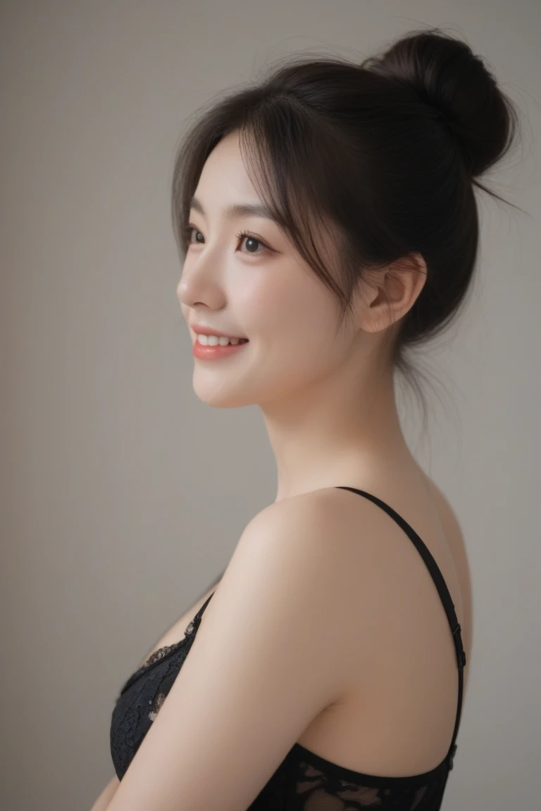 (Best quality, 8K, masterpiece:1.3)) , (one person: 1.4), 1girl, a Korean woman, a goddess, 25 years old, portrait photography, high contrast, God perspective, aperture F1.2, focal length 24mm, ( Full body: 1.2), smile, pose for photos, fine lace, slip dress, simple cut dress, brand dress, simple cut, long black hair, hair tied up, super detailed skin details, detailed fabric texture