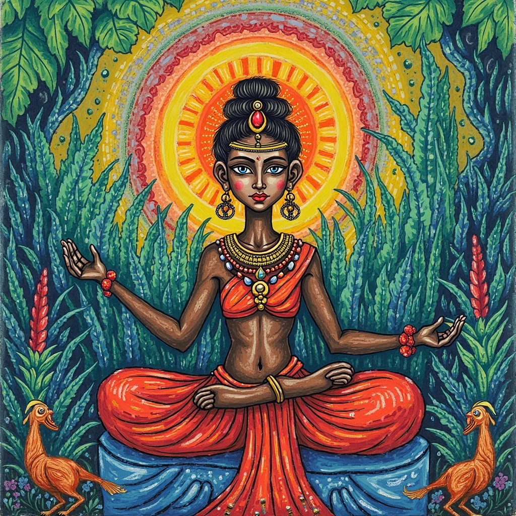 Women"Voluptuous and mysterious priestess meditating in an enchanting landscape near a waterfall, Dressed in a sacred robe and adorned with tattoos and piercings and an iron man helmet that covers her face, framed by a magnificent Hindu temple. The image is an ultra-realistic representation captured in stunning detail.."
