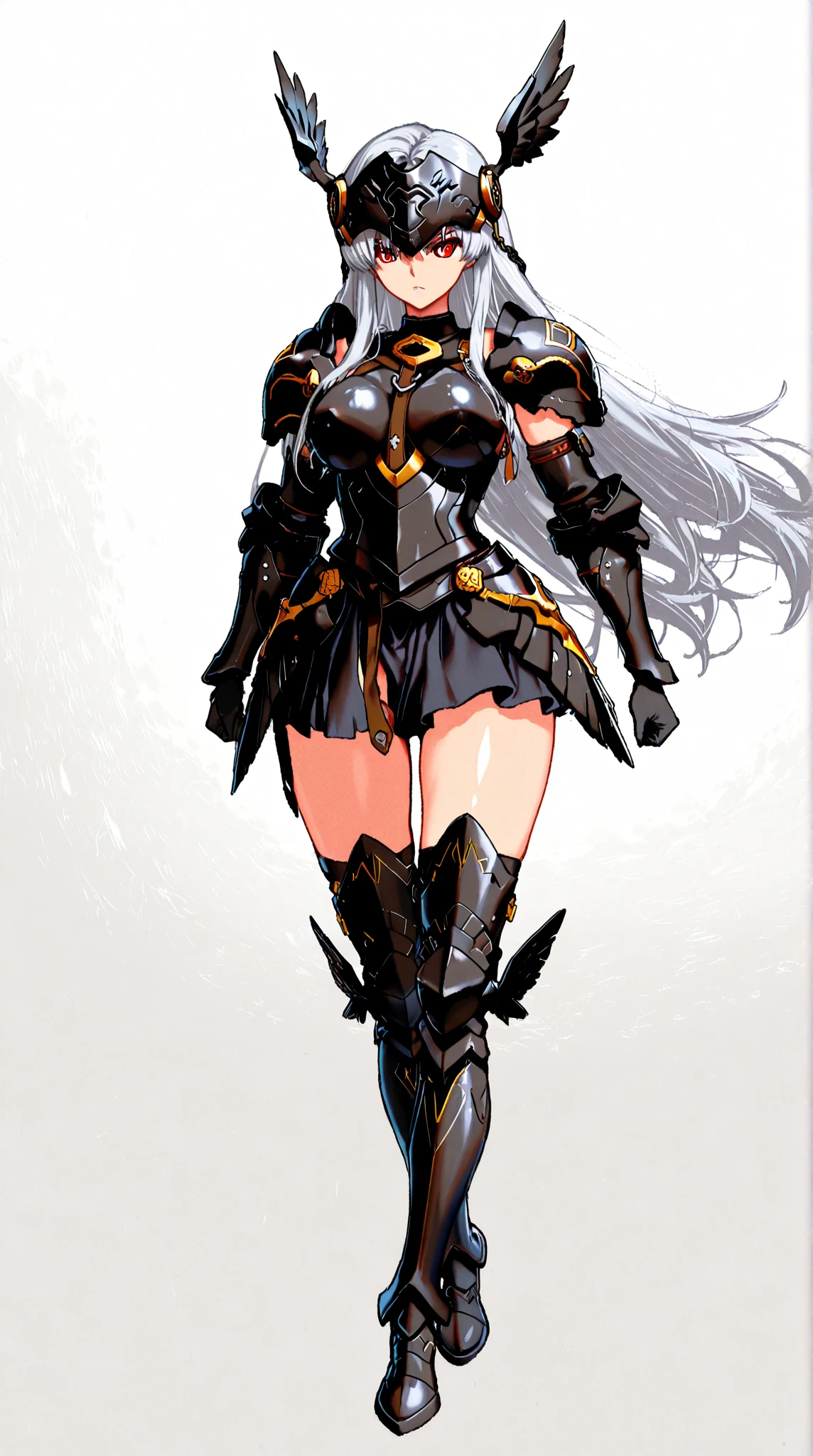 Highest image quality,high high quality,A mature woman,age 22,Huge cleavage,Nipple presentation,Metal heels,Black metal mech,Long white hair,hair covering one eye,ssmile,high ponytails