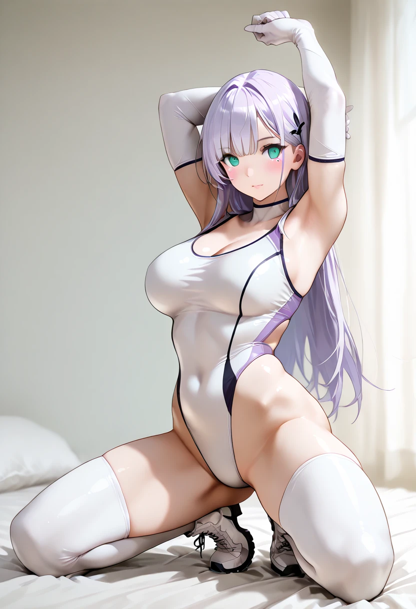 1girl, cat girl, Cat ears, grey hair, streaked hair, pink hair, long hair, hair between eyes, twintails,
highly_detailed, Beautiful eyes, extremely_detailed_CG_unity_8k_wallpaper, highres, absurdres, beautiful_detailed_eyes, finely_detailed_clothing, finely_detailed_light, highly_detail_hair_,
colorful, light rays, caustics, aistics, lens flare, bokeh, nsfw, A small chest, pink eyes, White silk stockings, blush,
score_anime, score_9, score_8_up, masterpiece, charming, Translucent white lace pajamas, Not wearing underwear