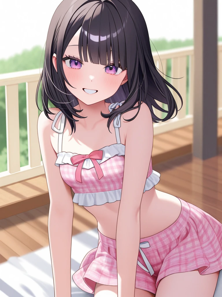 Browsing Caution,Masseter region, Highest quality, Ultra-high resolution, Highest quality, Anime Style, Best lighting, Beautiful Face, 1 cute girl,female , sexy, Small breasts, (((Idol wearing a pink frilly bikini))),shy, Black Hair, Long Hair, thin, Thighs, Love Hotel,
