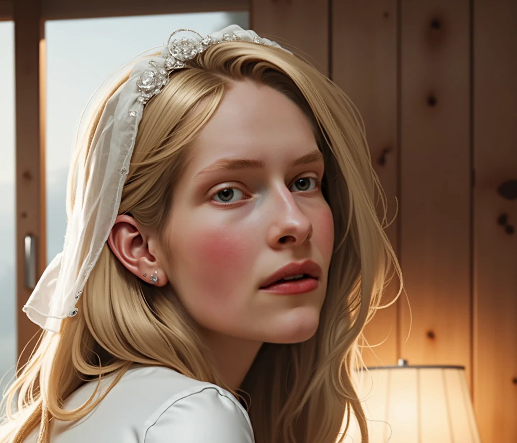 13 day(s). UltraRealistic young nordic woman. Innocent. White pale skin. Pale blonde hair tightly coiled. Beautiful gray eyes, sweet young face, natural mouth, nipples, in the kitchen with fog. tight white long dress, 8k.