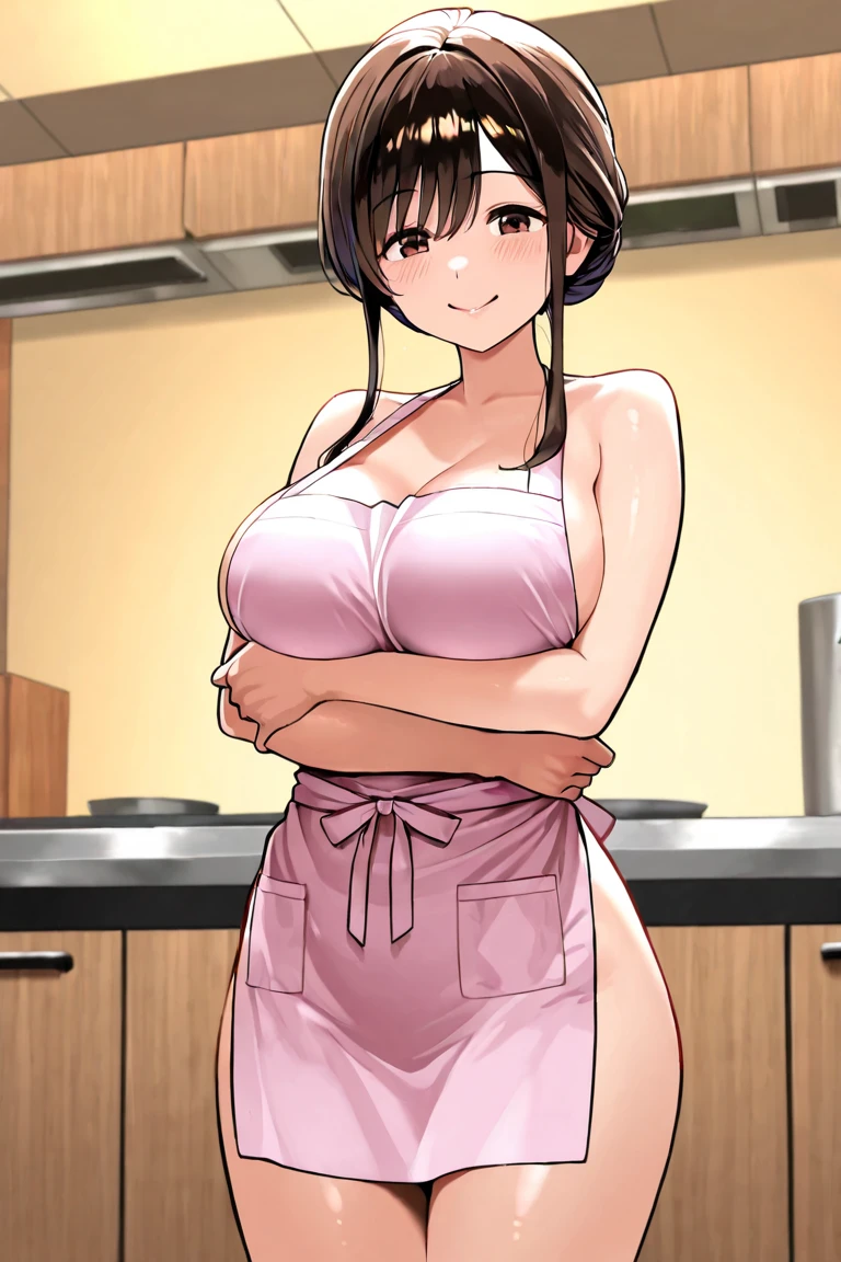woman, 1girll, 独奏, huge tit, upper legs, neon palette, Nude wearing an apron,Pink apron, Coiled hair,hason, 1girll, 详细的脸, Hang in the back, illustrated, TTPT-FC ,