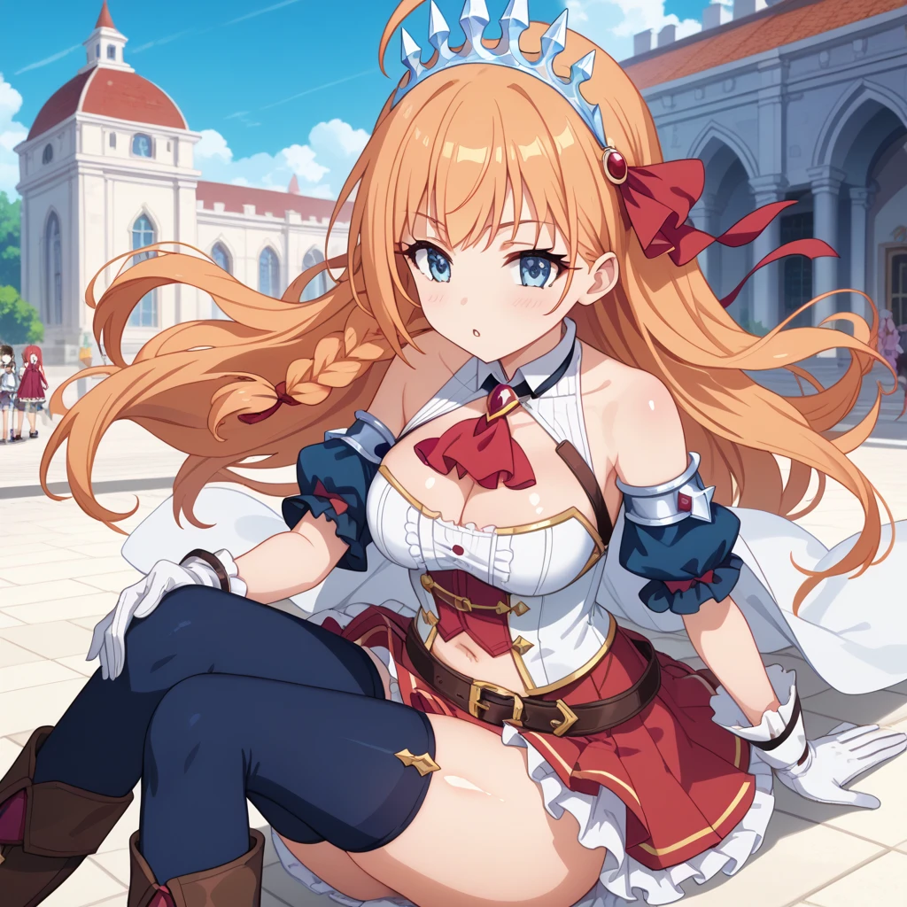 (masterpiece, best quality:1.2),illustration,8k,hd,1girl,solo,cowboy shot,pecorine (princess connect!),long hair,tiara,ahoge,orange hair,gloves,breasts,blue eyes,shoulder armor,armor,looking at viewer,white gloves,boots,cleavage,short sleeves,closed mouth,skirt,ribbon,blush,bangs,pauldrons,hair ribbon,blue socks,white footwear,large breasts,ascot,very long hair,puffy sleeves,<lora:Pecorine(pri)>,