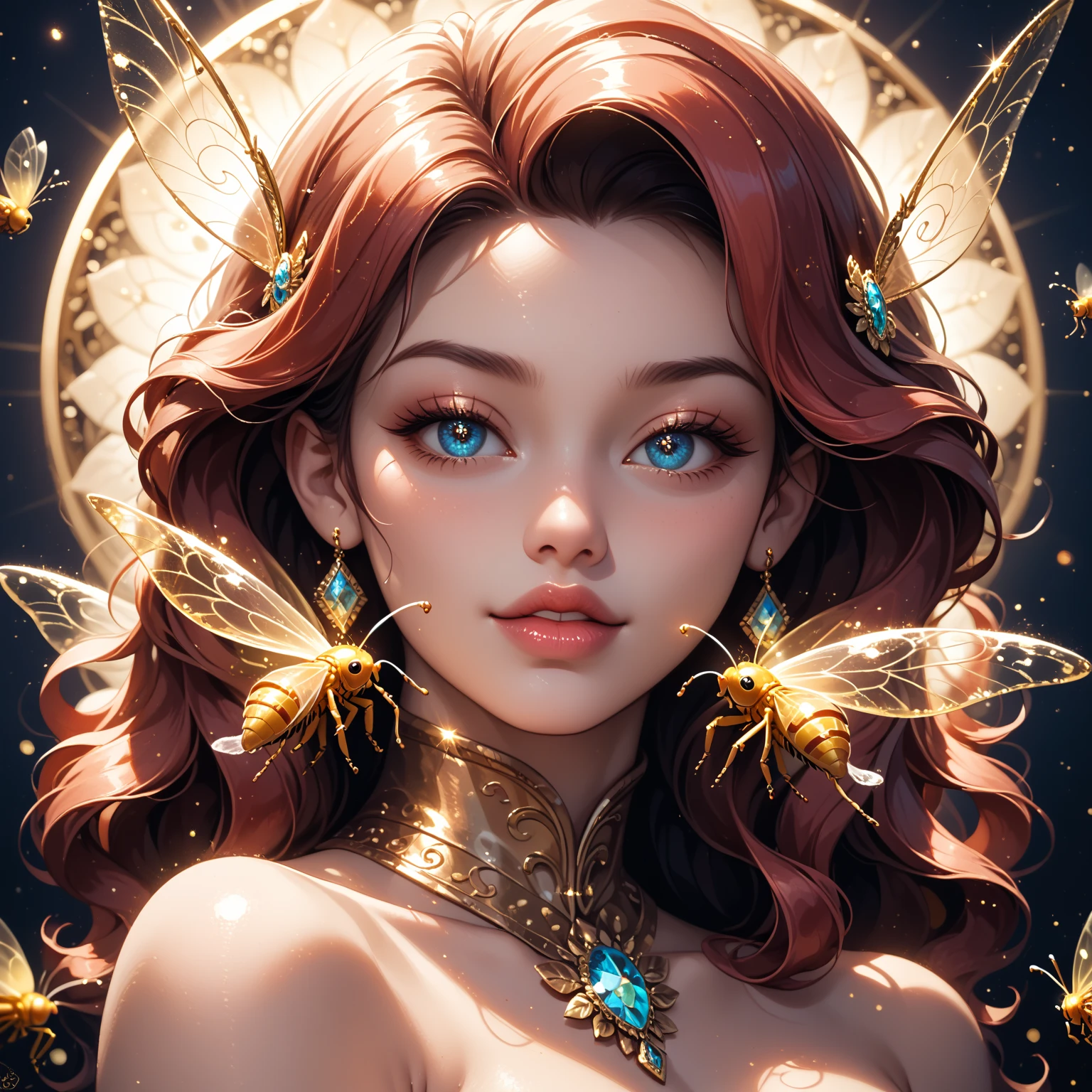 8k portrait of beautiful cyborg with red hair, fox ears, animal ears, holographc, see through gossamer, realistic, textured skin, specular highlights, intricate, elegant, highly detailed, majestic, digital photography, art by boris vallejo surreal painting gold butterfly filigree, broken glass, (masterpiece, sidelighting, finely detailed beautiful eyes: 1.2), hdr