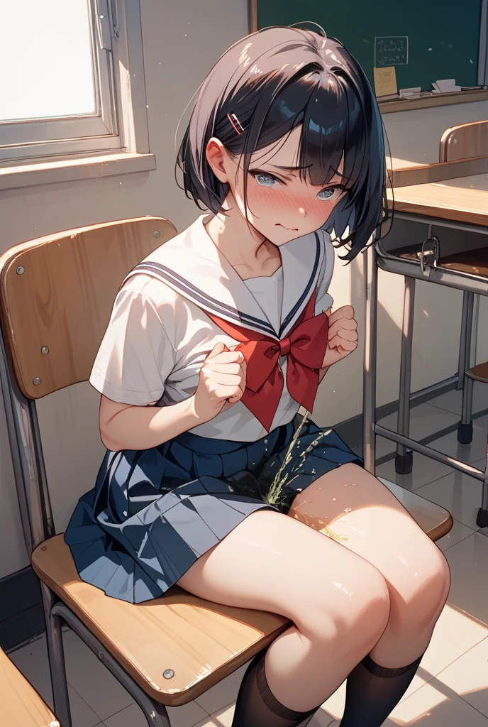 (1 girl:1.0),15 years old,(small brests:1.2),(skinny:1.2),high school student,beautiful girl,(short ponytails:1.2),akb48,nogizaka46, beautiful girl,school girl,sitting chair,(cowboyshot:1.0),fullbody, red ribbon, , bow, , full body, white shirt, short sleeves, pleated skirt, barefoot, serafuku,,front face,(front view:1.0),looking at viewer,(full-face blush:1.5),(smile:1.2),(presenting panties:1.5),(pink panties:1.2),(holding panties:1.5),(facial:1.8),(cum on face:1.8),(cum on panties:1.9),bukkake.classroom,chair,desk,blackbord,anime,