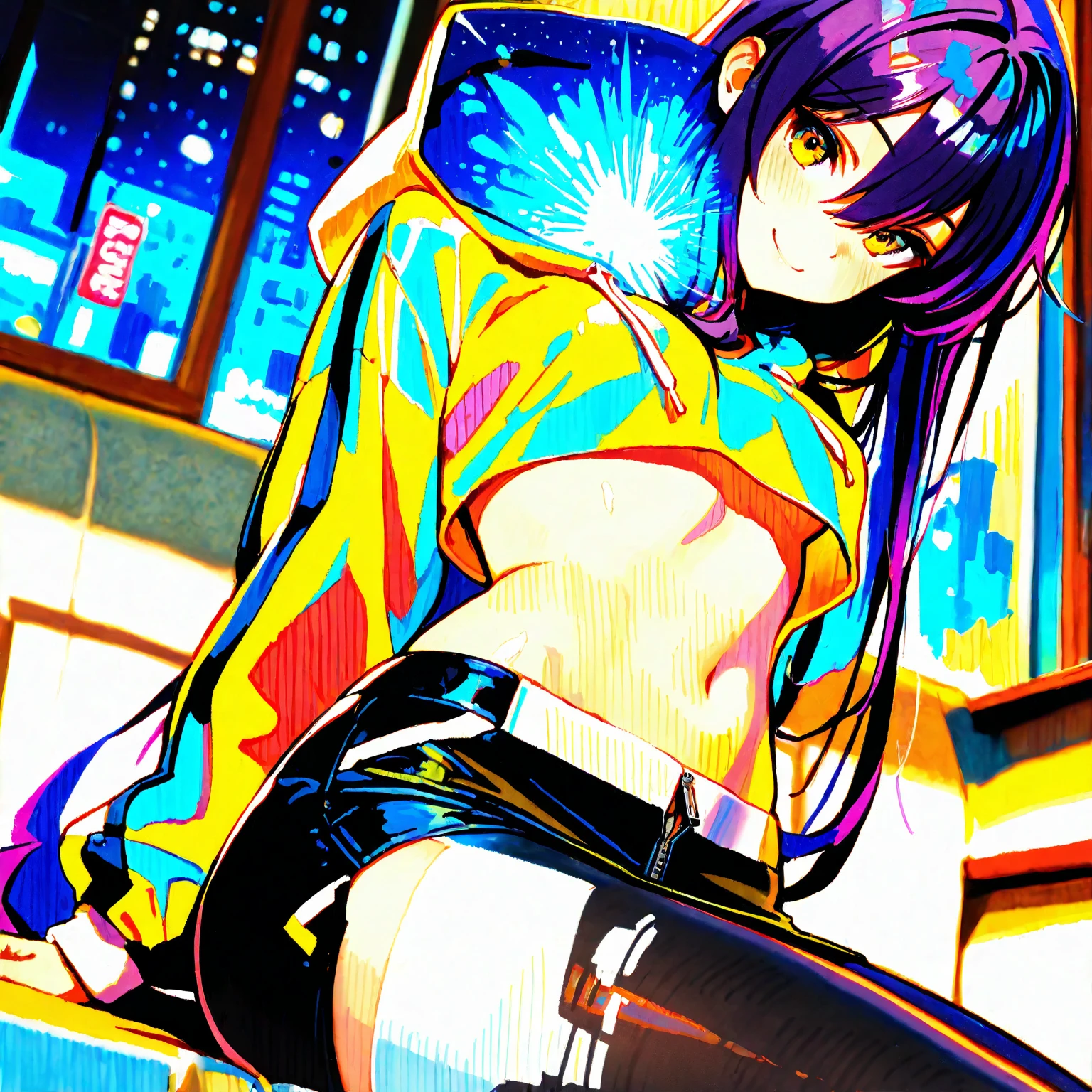 (masterpiece:1.37), best quality, (extremely detailed:1.37), woman, (very long hair:1.5), dark purple hair, purple eyes, (extremely detailed eyes:1.37), hoodie, navel, jeans, open fly, desperation, (wetting: self 3.0), standing, city, futuristic, neon lighting, high-tech